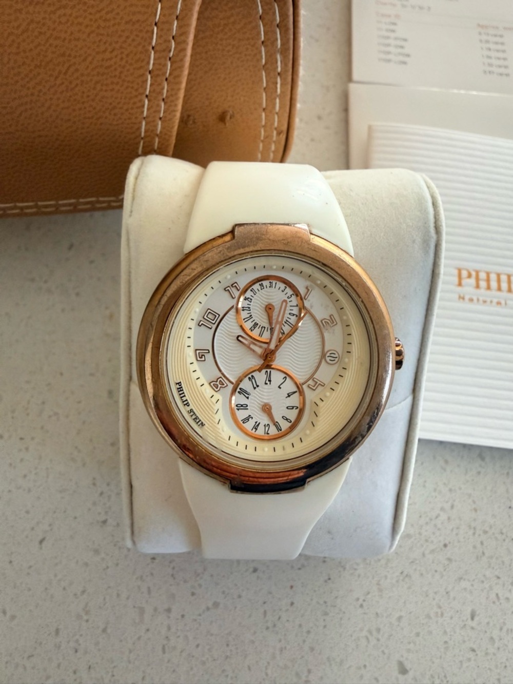 Philip Stein White Strap Watch with Rose Gold-Tone Bezel